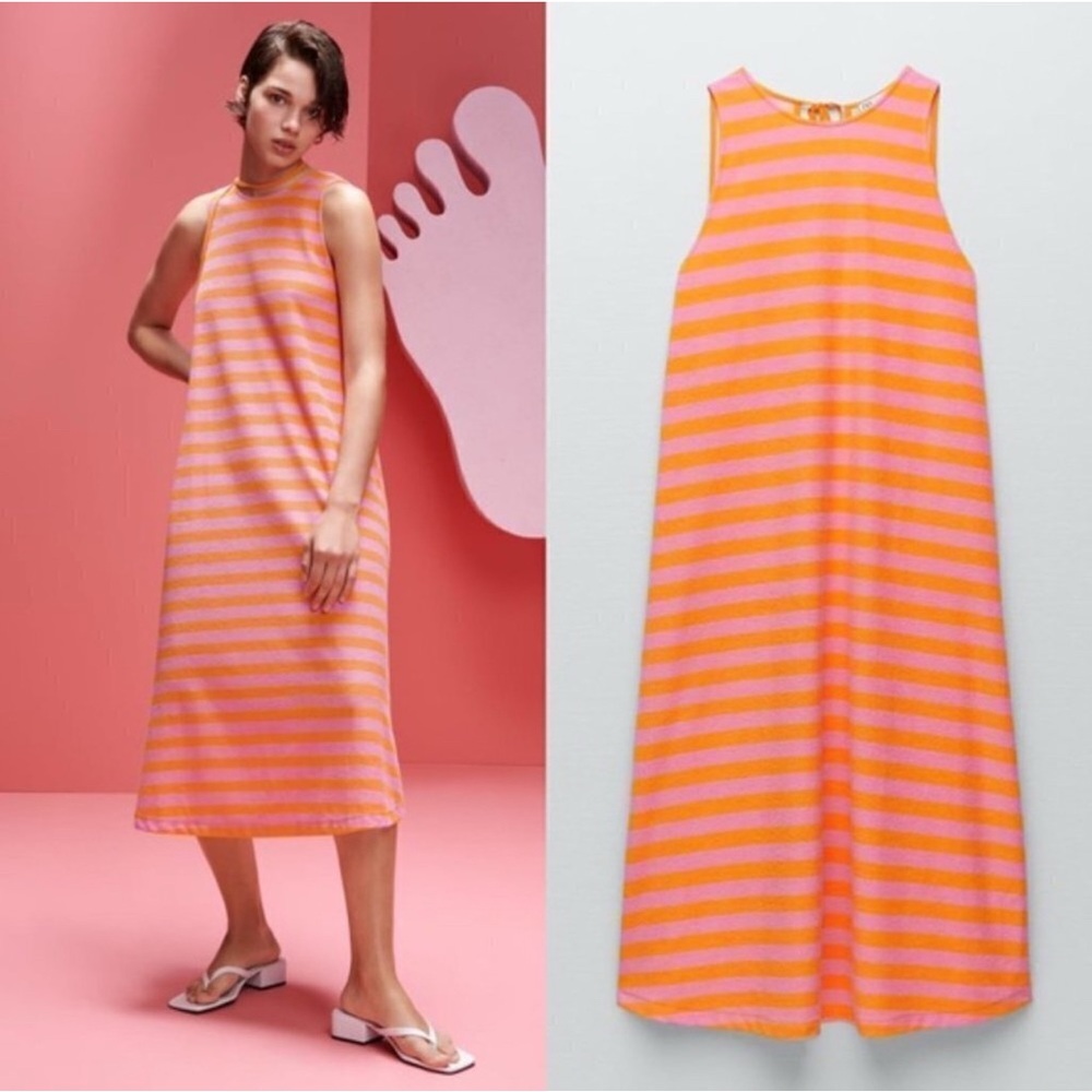 Zara Striped Terrycloth Sleeveless Pink/Orange Midi Dress/Cover-Up